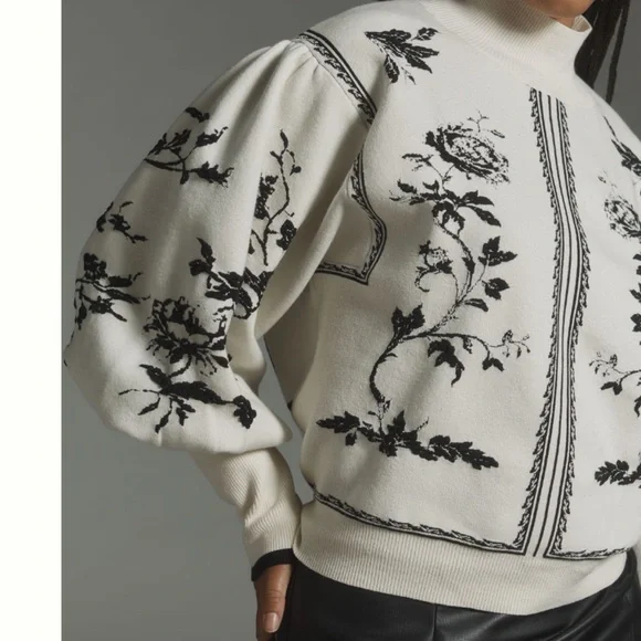 NWT Anthropologie Balloon-Sleeve Embroidered 3D Flowers Turtleneck Sweater - Picture 9 of 17